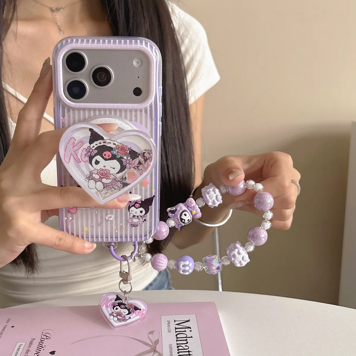 Kuromi Heart Pop Phone Case with Beaded Strap & Pop Socket for iPhone 17 16 15 14 13 Pro Max — MagSafe